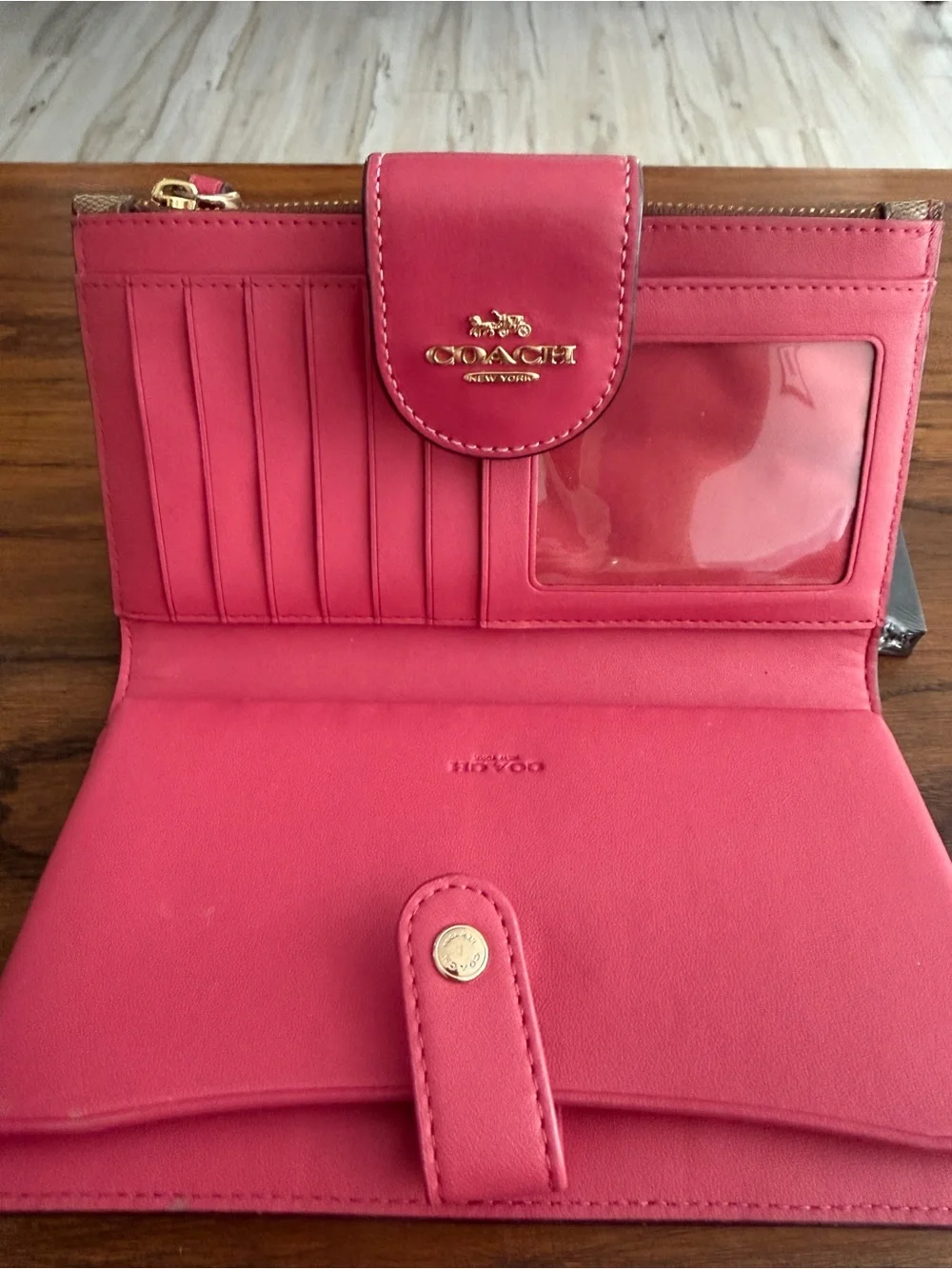 Coach Brown Signature Canvas Wristlet with Pink Leather Accent